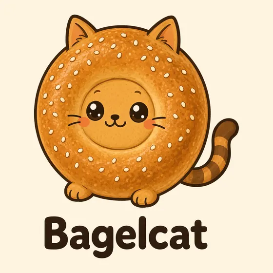 Bagelcat, a cartoon cat made out of a glossy golden sesame bagel dotted with seeds, with a calm, smiling face in the hole and a stripy tail