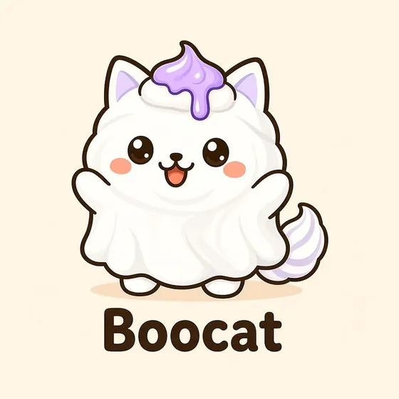 Boocat, a cartoon ghost cat made out of white piped meringue, with a swirl of lavender icing on top, lavender ears, a wavy hem and raised paws