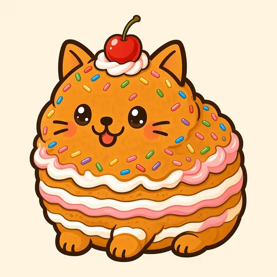 Cakecat, a round cartoon cat made out of a layered sponge cake with pink and cream filling, rainbow sprinkles and a cherry on a swirl of cream on top