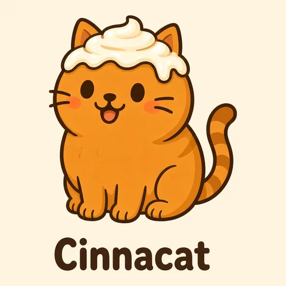 Cinnacat, a cartoon cat made out of a warm, spiced orange iced bun with a dollop of white icing on top