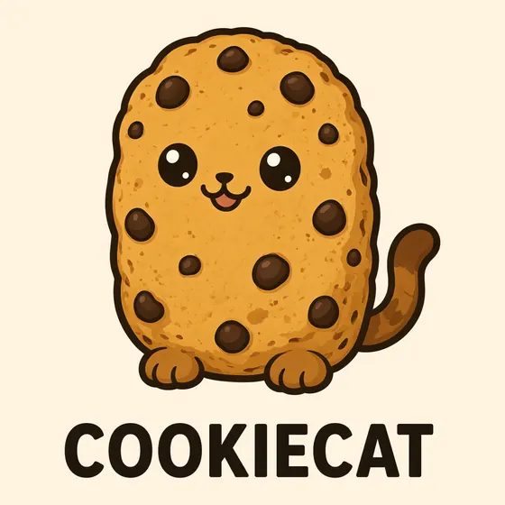 Cookiecat, a cartoon cat made out of a tall golden oval chocolate chip cookie, with two little front paws and a tongue poking out happily