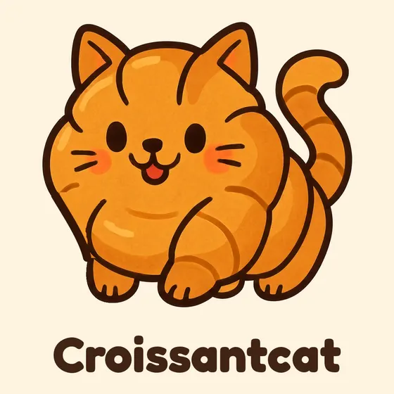 Croissantcat, a big cartoon cat made out of a flaky golden croissant, with curved pastry layers wrapped around the body and tail and a happy open smile