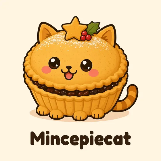 Mincepiecat, a cartoon cat made out of a golden mince pie in a crimped pastry case, with a pastry star and a sprig of holly on its head