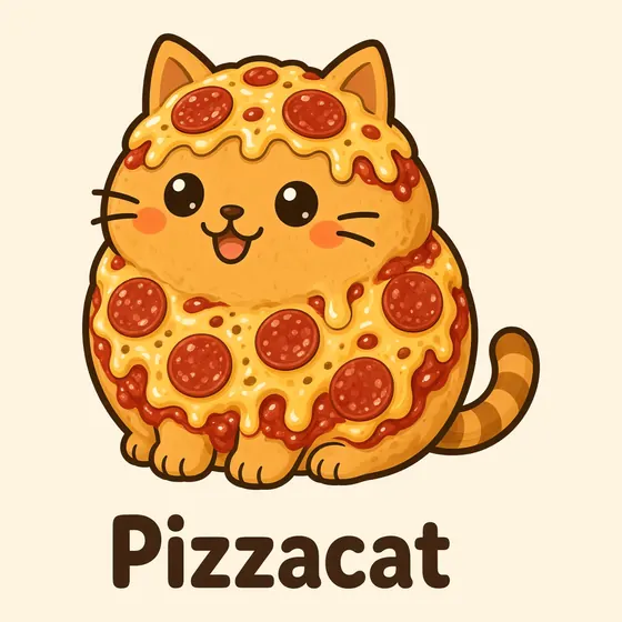 Pizzacat, a cartoon cat made out of a round pepperoni pizza, with melted cheese draped over the head and slices of pepperoni dotted about