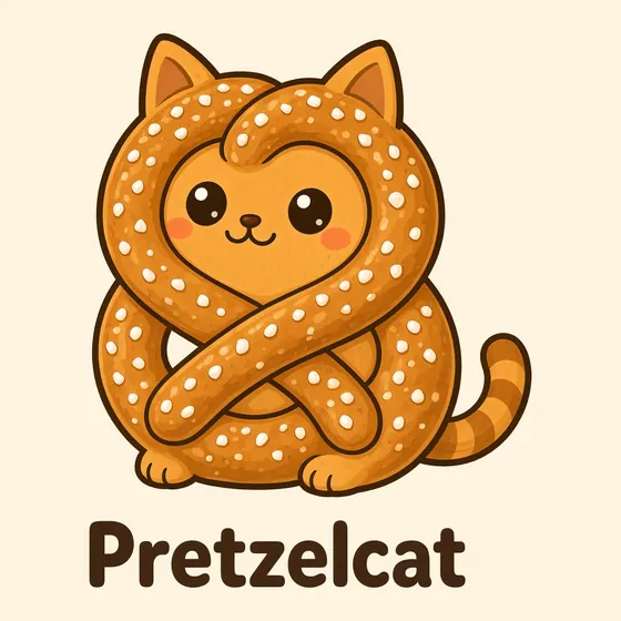 Pretzelcat, a cartoon cat made out of a golden soft pretzel twisted into a knot and scattered with salt flakes, with a happy face in the top loop and a stripy tail