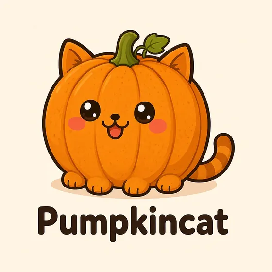 Pumpkincat, a cartoon cat made out of a plump orange pumpkin with a green stalk, a curly vine leaf, rosy cheeks and a stripy ginger tail
