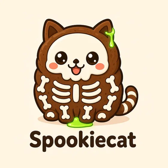 Spookiecat, a cartoon cat made out of a chocolate cookie piped with white icing in a friendly skeleton pattern, with a drip of lime slime on one ear